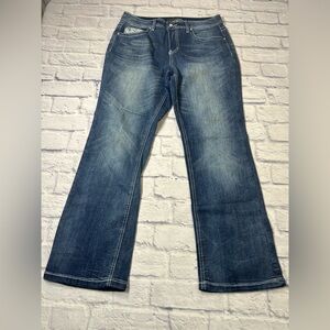 Cato Premium Dark Blue Flare Jeans w/ Lace and Rhinestone Detail.